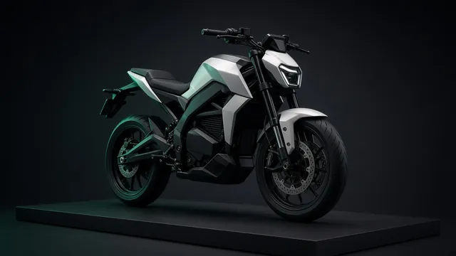 A new electric motorcycle unveiled on a platform under studio light